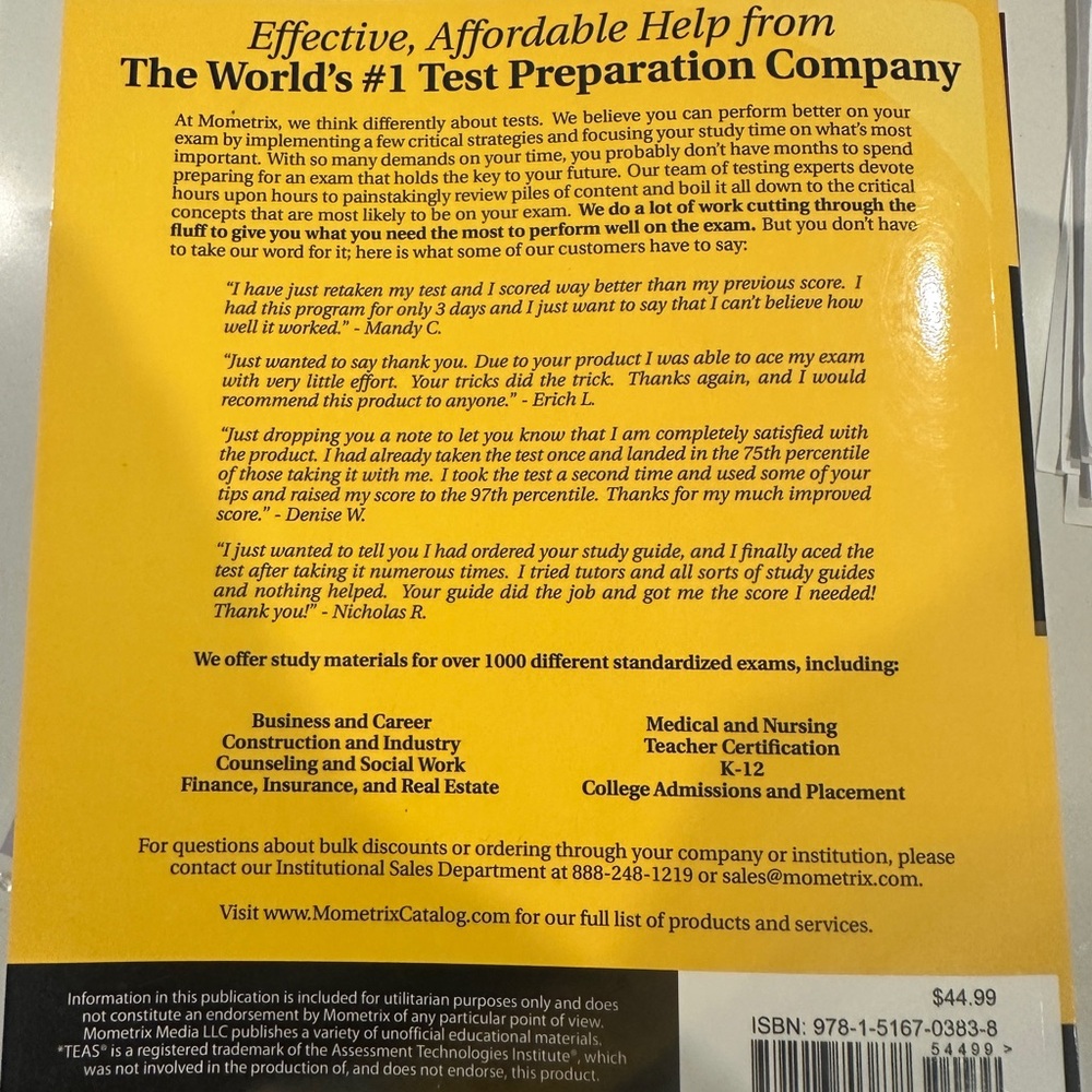 ATI TEAS Secrets Study Guide - Yellow - Picture 2 of 2